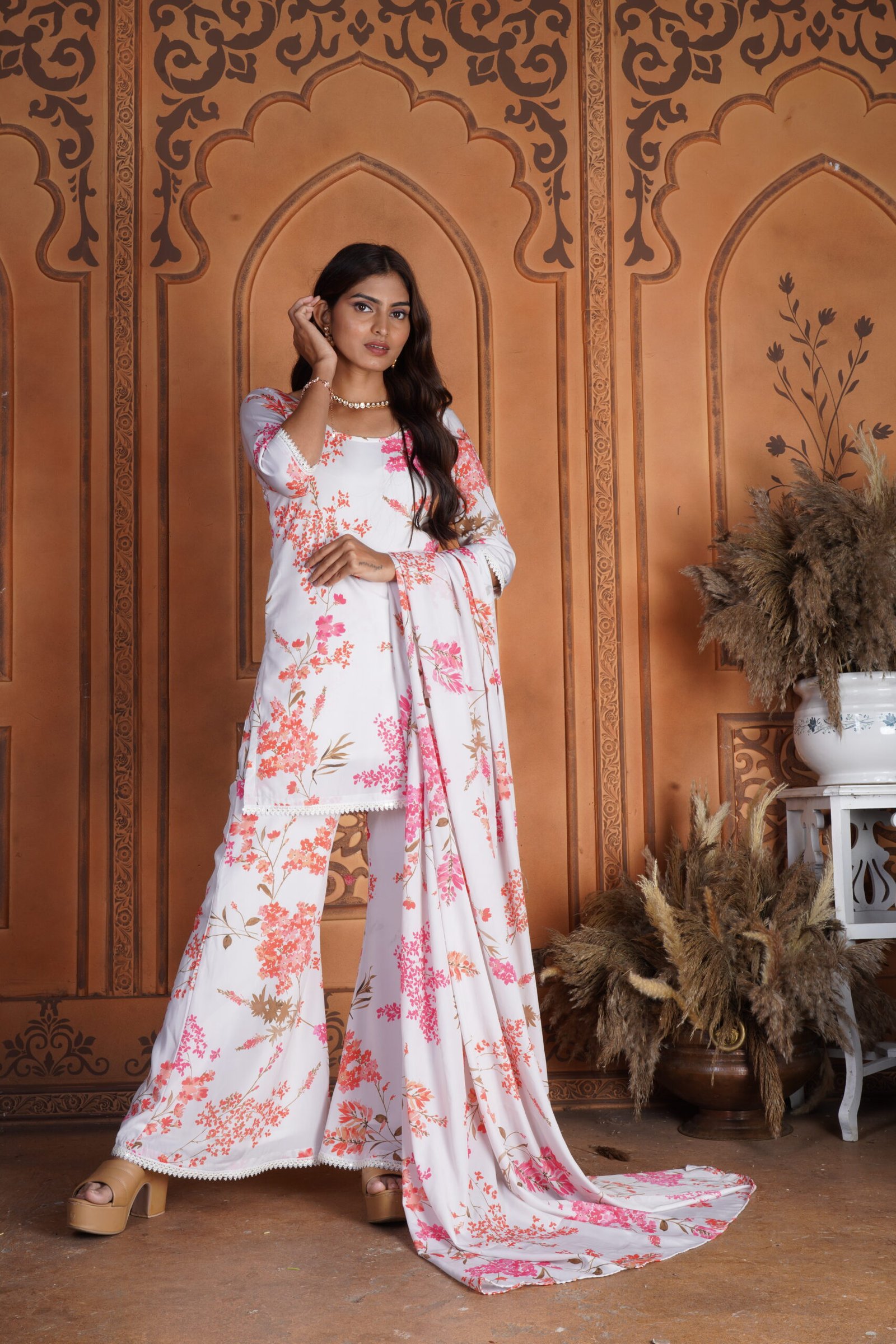 Off White Floral Print Dress - Image 2